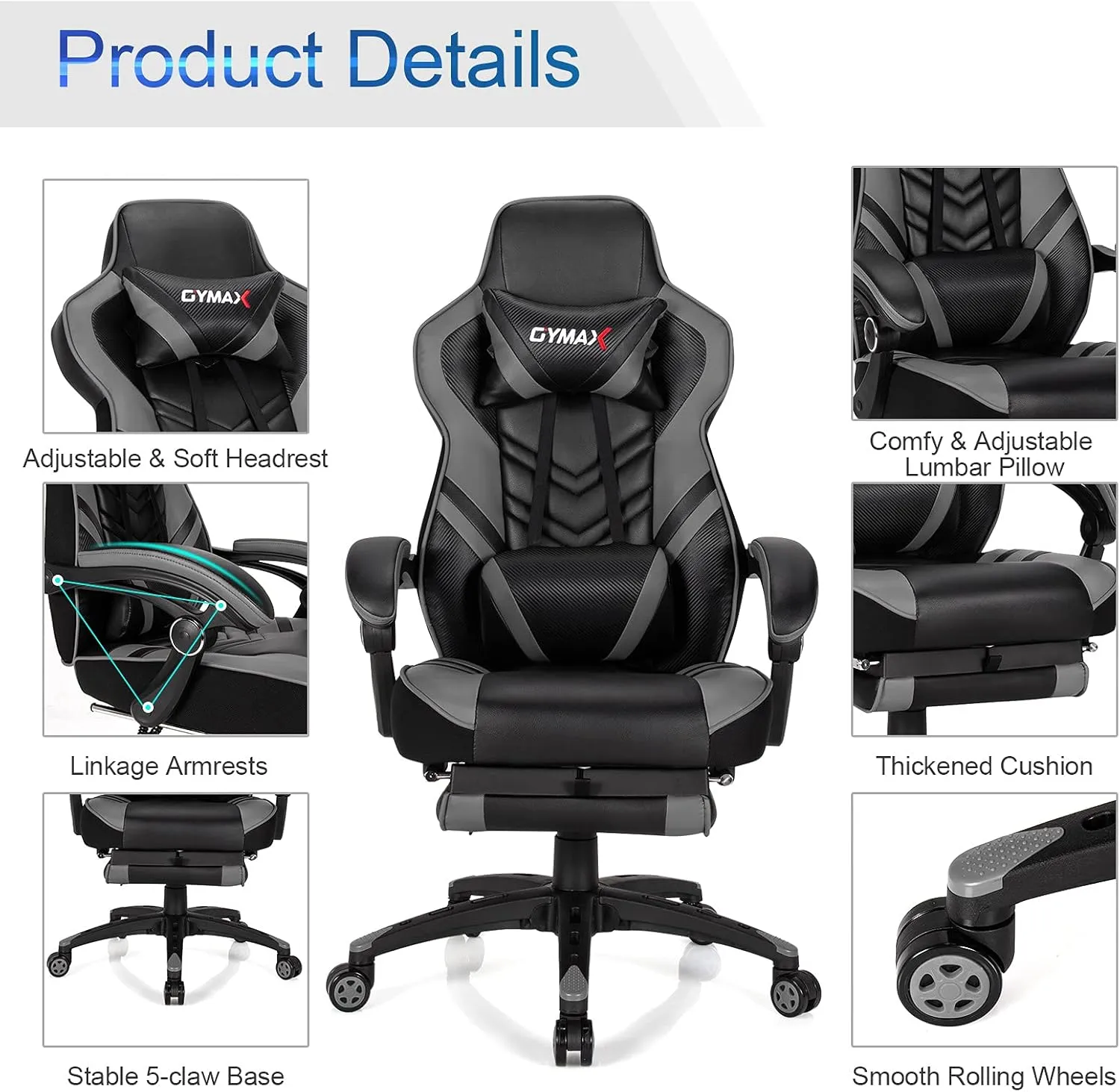 GYMAX Gaming Chair, Ergonomic Computer Chair with Footrest, Linkage Armrests & Lumbar Cushion, Big Wide High Back Video Gaming Chair, Reclining Office Rolling Chair for Adult/Teens (Gray)