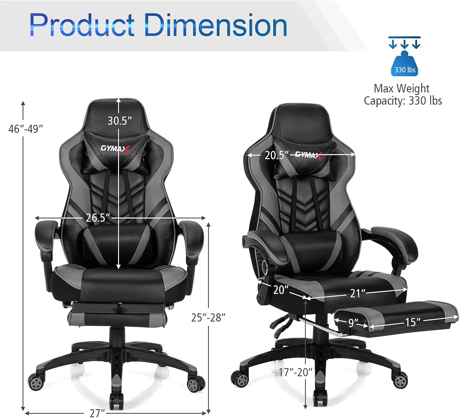 GYMAX Gaming Chair, Ergonomic Computer Chair with Footrest, Linkage Armrests & Lumbar Cushion, Big Wide High Back Video Gaming Chair, Reclining Office Rolling Chair for Adult/Teens (Gray)