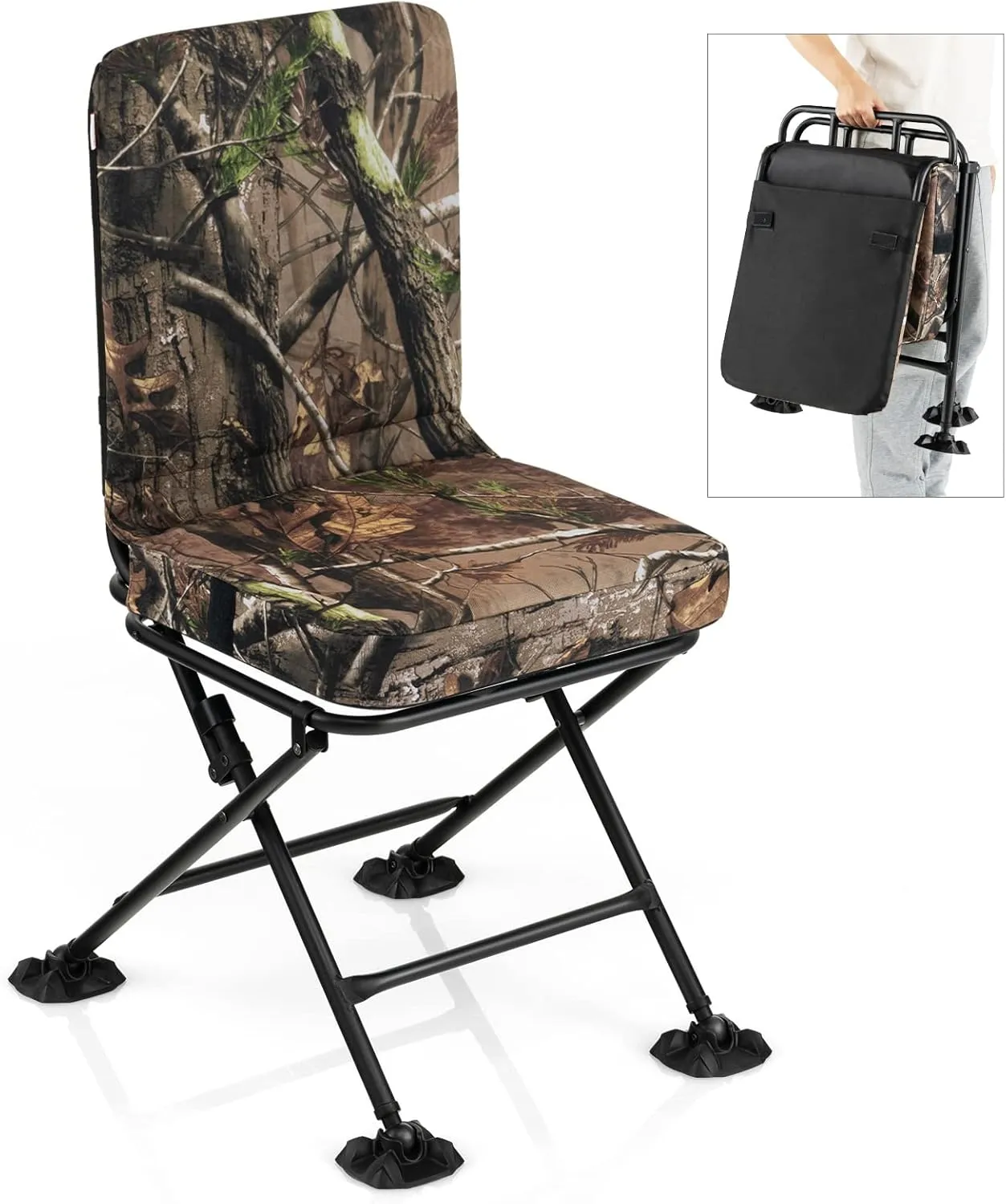 GYMAX Hunting Chair, 360 Degree Swivel Hunting Blind Chair w/ 3’‘ Oversized Duck Feet & Camo Padded Cushion, 330 LBS Silent Waterproof Rustproof Folding Ground Blind Hunting Seat Stool for Outdoors