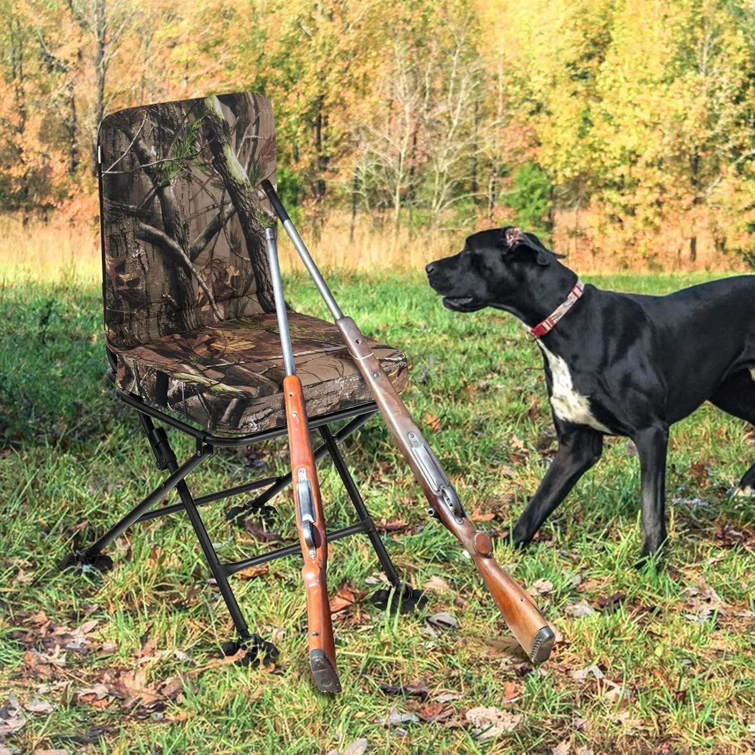 GYMAX Hunting Chair, 360 Degree Swivel Hunting Blind Chair w/ 3’‘ Oversized Duck Feet & Camo Padded Cushion, 330 LBS Silent Waterproof Rustproof Folding Ground Blind Hunting Seat Stool for Outdoors