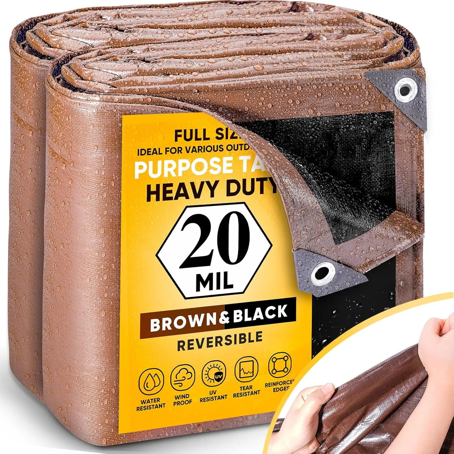 GZBtech 20Mil Super Heavy Duty Tarp 8x10FT, Waterproof Thick Brown&Black Outdoor PE Tarps for Patio Garden Use, UV Resistant Plastic Ground Cover for Trailer Car Truck Bike Pool Firewood