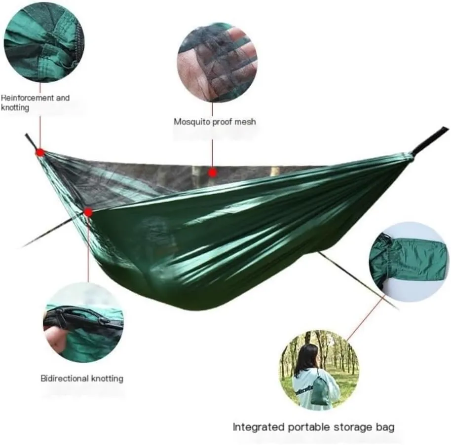 Hamock Ultra-Light Nylon Double Hammock Parachute Cloth Anti-Rollover Elastic Band Encrypted Mosquito Net Hammock Hanmock(B)
