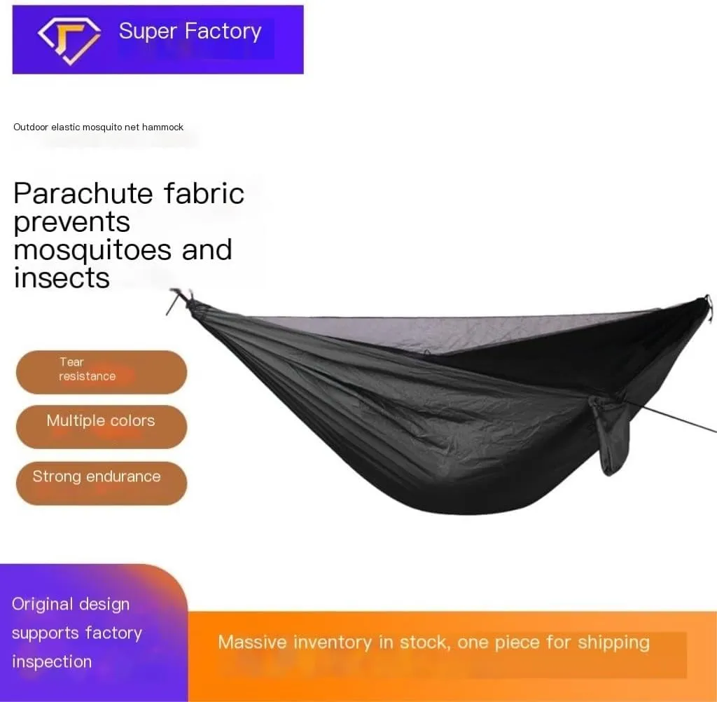 Hamock Ultra-Light Nylon Double Hammock Parachute Cloth Anti-Rollover Elastic Band Encrypted Mosquito Net Hammock Hanmock(B)