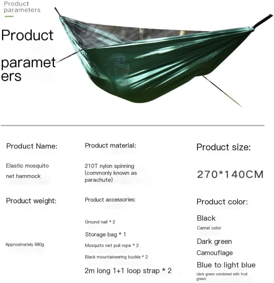 Hamock Ultra-Light Nylon Double Hammock Parachute Cloth Anti-Rollover Elastic Band Encrypted Mosquito Net Hammock Hanmock(B)