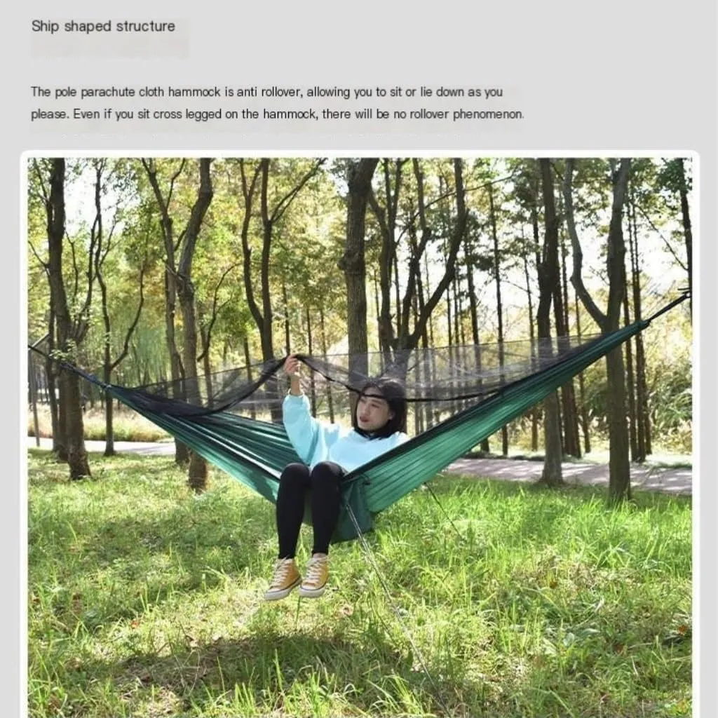 Hamock Ultra-Light Nylon Double Hammock Parachute Cloth Anti-Rollover Elastic Band Encrypted Mosquito Net Hammock Hanmock(B)