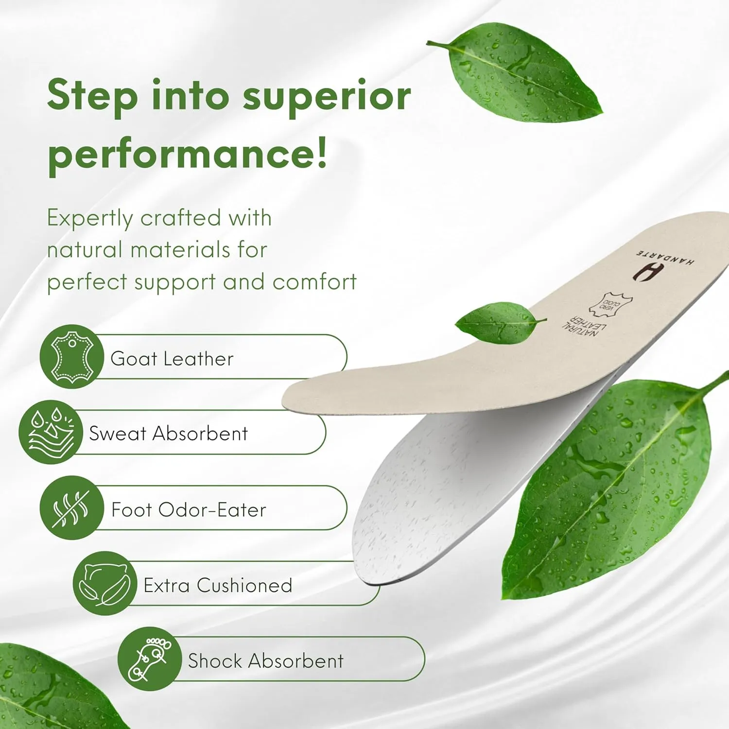 HANDARTE Leather Orthopedic Insoles | Padded Comfort Shoe Inserts for Men | 100% Natural Goatskin - ChromeFree, Anti Sweat & Anti-Odor - Suitable for No-Socks (US M12.5 | EU47)