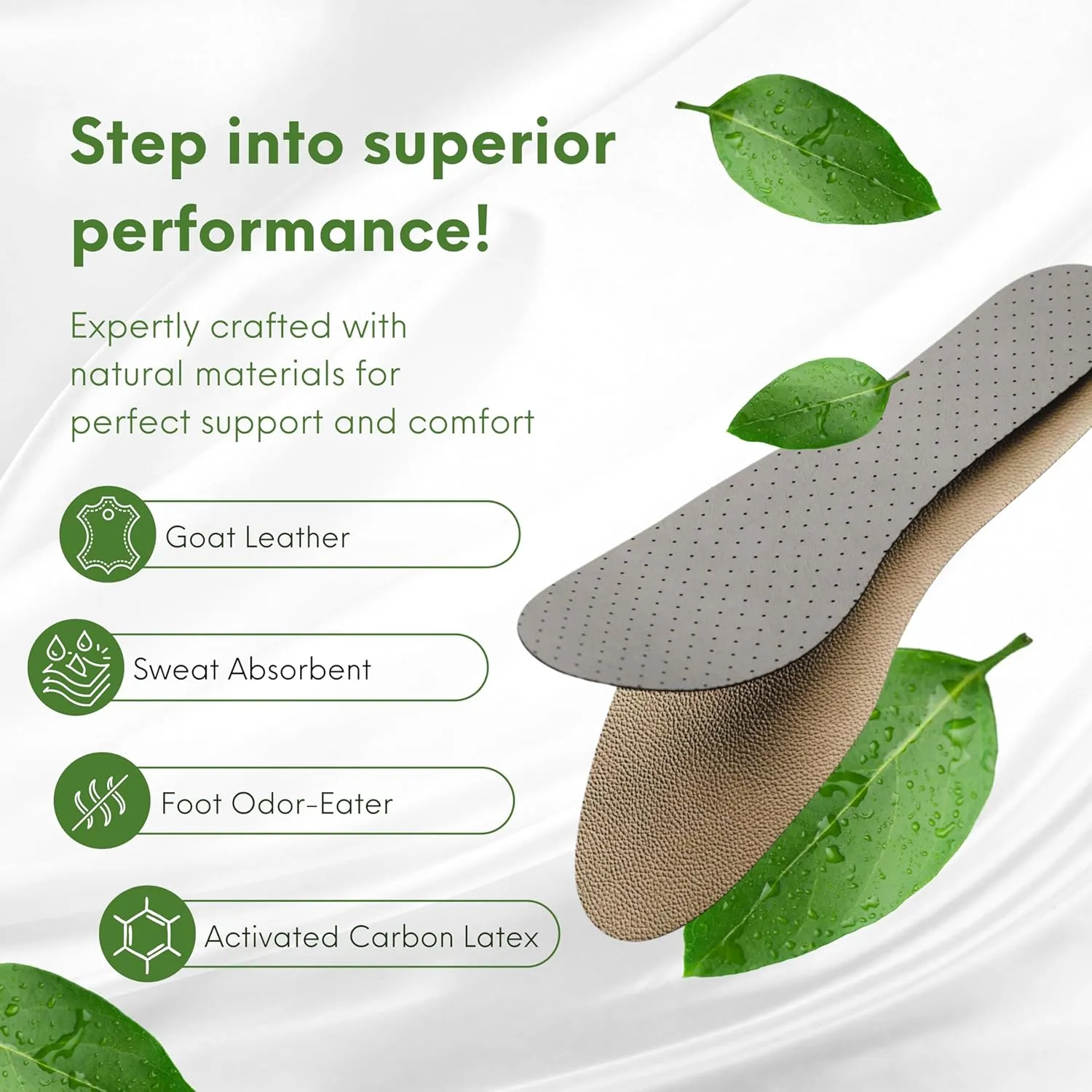HANDARTE Leather Sockless Shoe Insoles | Thin Dress Shoe Inserts for Men | 100% Natural Goatskin - ChromeFree, Anti Sweat & Anti-Odor (US M9.5 | EU43)