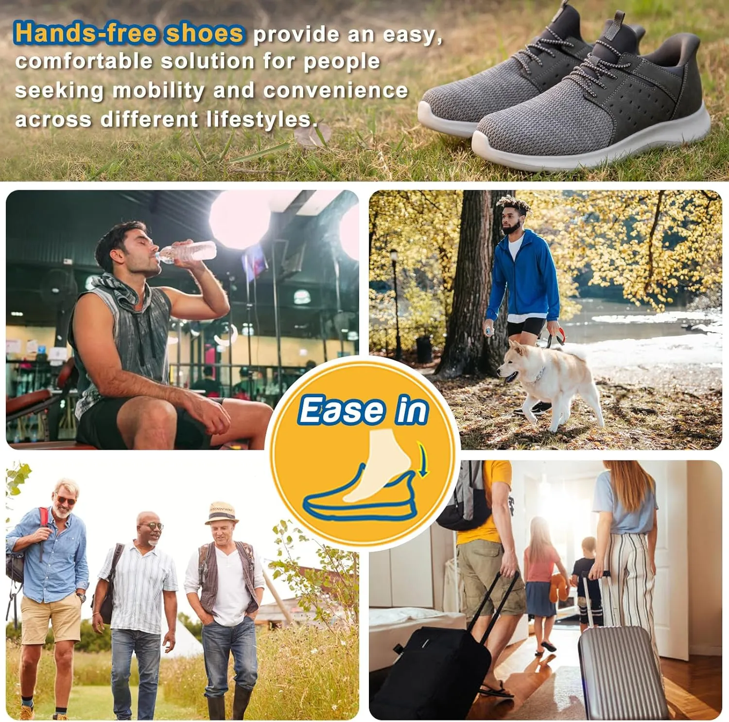 Hands Free Slip On Shoes for Men Walking Casual Sneaker Arch Support Memory Foam Mesh Light Cushioning Fashion Breathable Stylish Black White Tan Grey