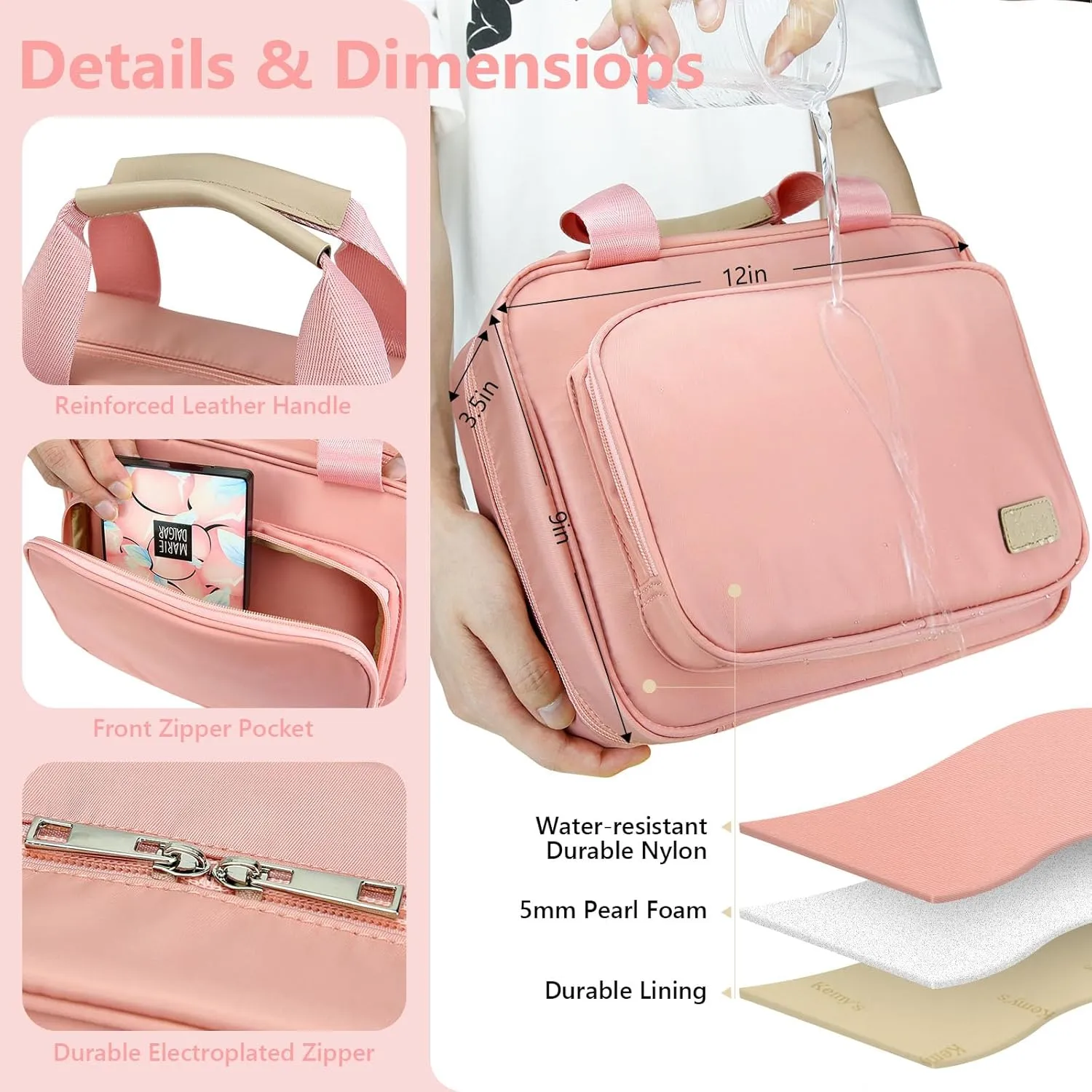 Hanging Toiletry Bag for Women, Large Waterproof Travel Toiletry Bags with Small Purse, Multi-function Portable Travel Organizer Makeup Cosmetic Bag for Toiletries Accessories, Brushes Set (Pink)