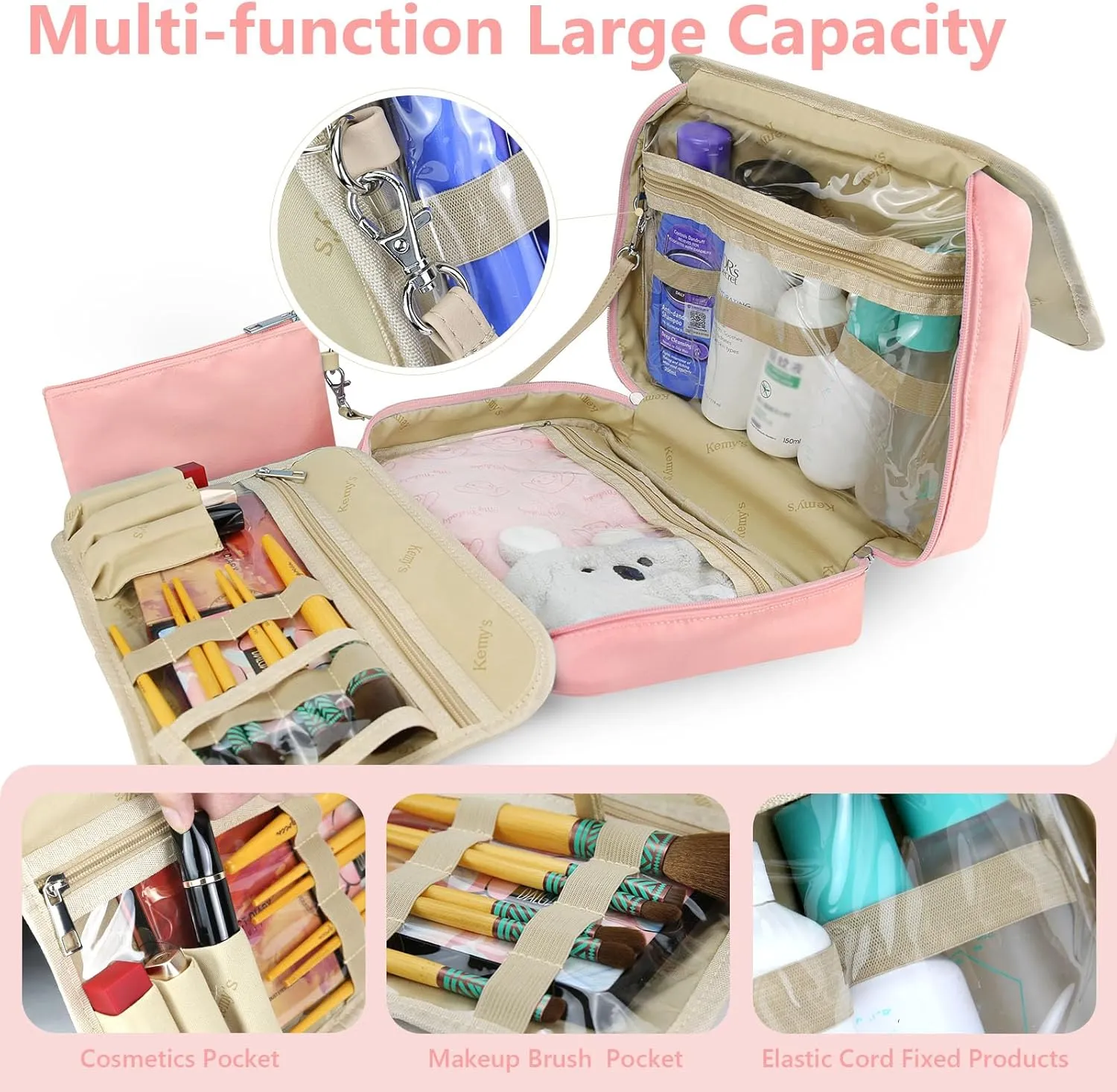 Hanging Toiletry Bag for Women, Large Waterproof Travel Toiletry Bags with Small Purse, Multi-function Portable Travel Organizer Makeup Cosmetic Bag for Toiletries Accessories, Brushes Set (Pink)
