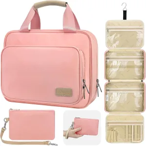 Hanging Toiletry Bag for Women, Large Waterproof Travel Toiletry Bags with Small Purse, Multi-function Portable Travel Organizer Makeup Cosmetic Bag for Toiletries Accessories, Brushes Set (Pink)