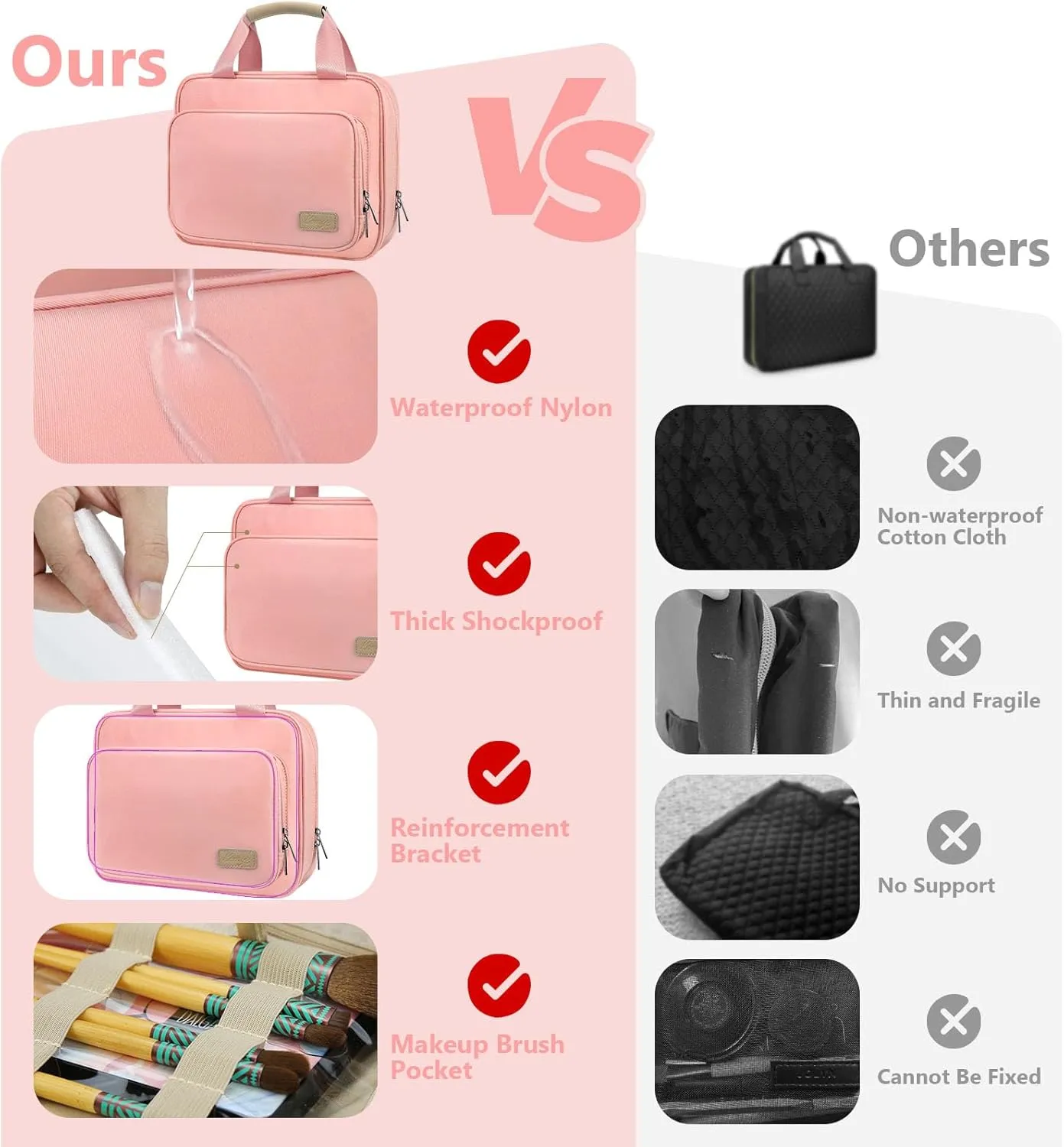 Hanging Toiletry Bag for Women, Large Waterproof Travel Toiletry Bags with Small Purse, Multi-function Portable Travel Organizer Makeup Cosmetic Bag for Toiletries Accessories, Brushes Set (Pink)