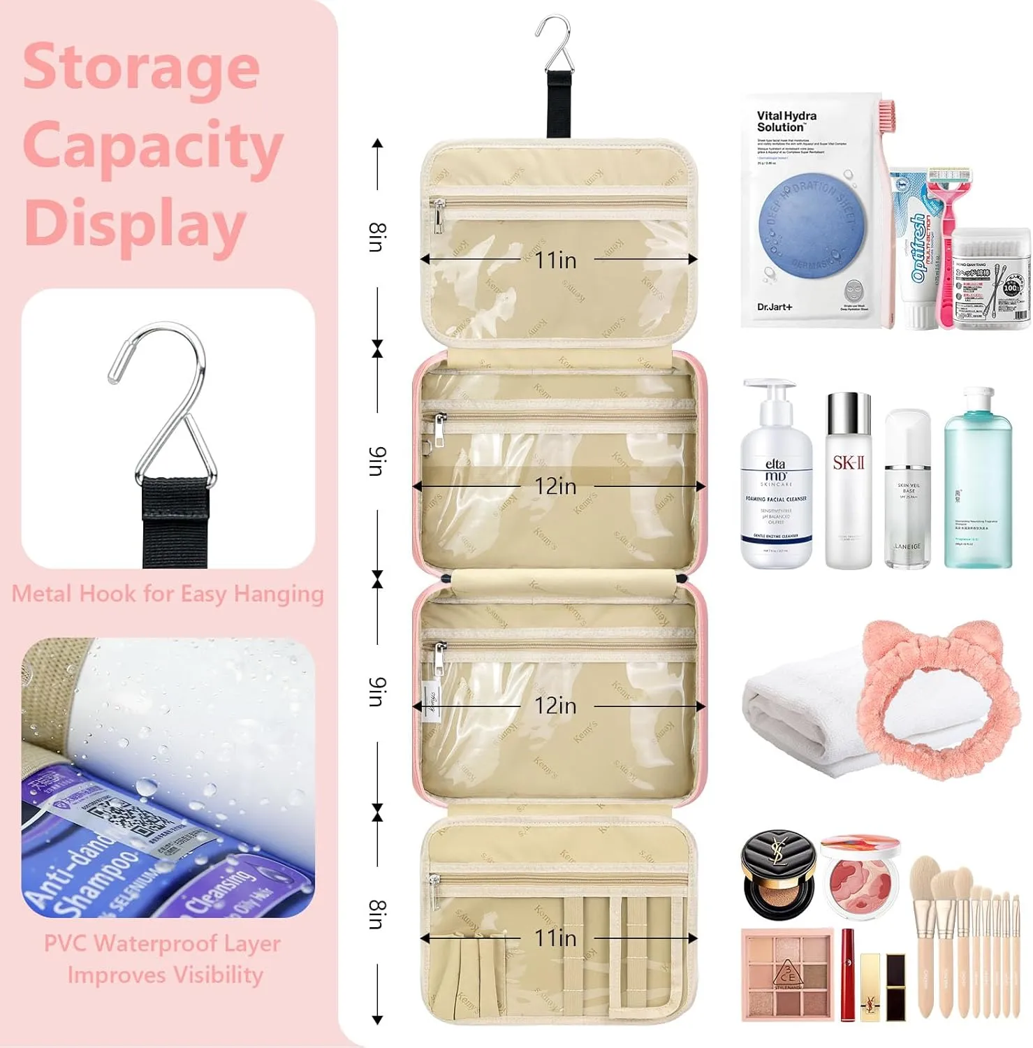 Hanging Toiletry Bag for Women, Large Waterproof Travel Toiletry Bags with Small Purse, Multi-function Portable Travel Organizer Makeup Cosmetic Bag for Toiletries Accessories, Brushes Set (Pink)