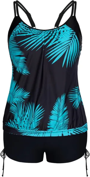 Hanna Nikole Womens Plus Size Striped Printed Strappy Tankini Top with Shorts Two Piece Swimsuit