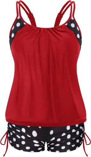 Hanna Nikole Womens Plus Size Striped Printed Strappy Tankini Top with Shorts Two Piece Swimsuit