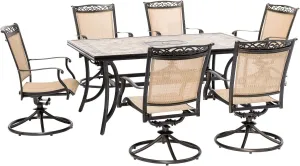 Hanover Fontana 7-Piece Patio Dining Set, Rust Resistant Aluminum Outdoor Dining Set with 6 Swivel Rockers and Porcelain Tile Rectangular Dining Table