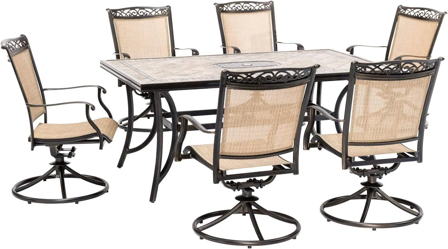 Hanover Fontana 7-Piece Patio Dining Set, Rust Resistant Aluminum Outdoor Dining Set with 6 Swivel Rockers and Porcelain Tile Rectangular Dining Table