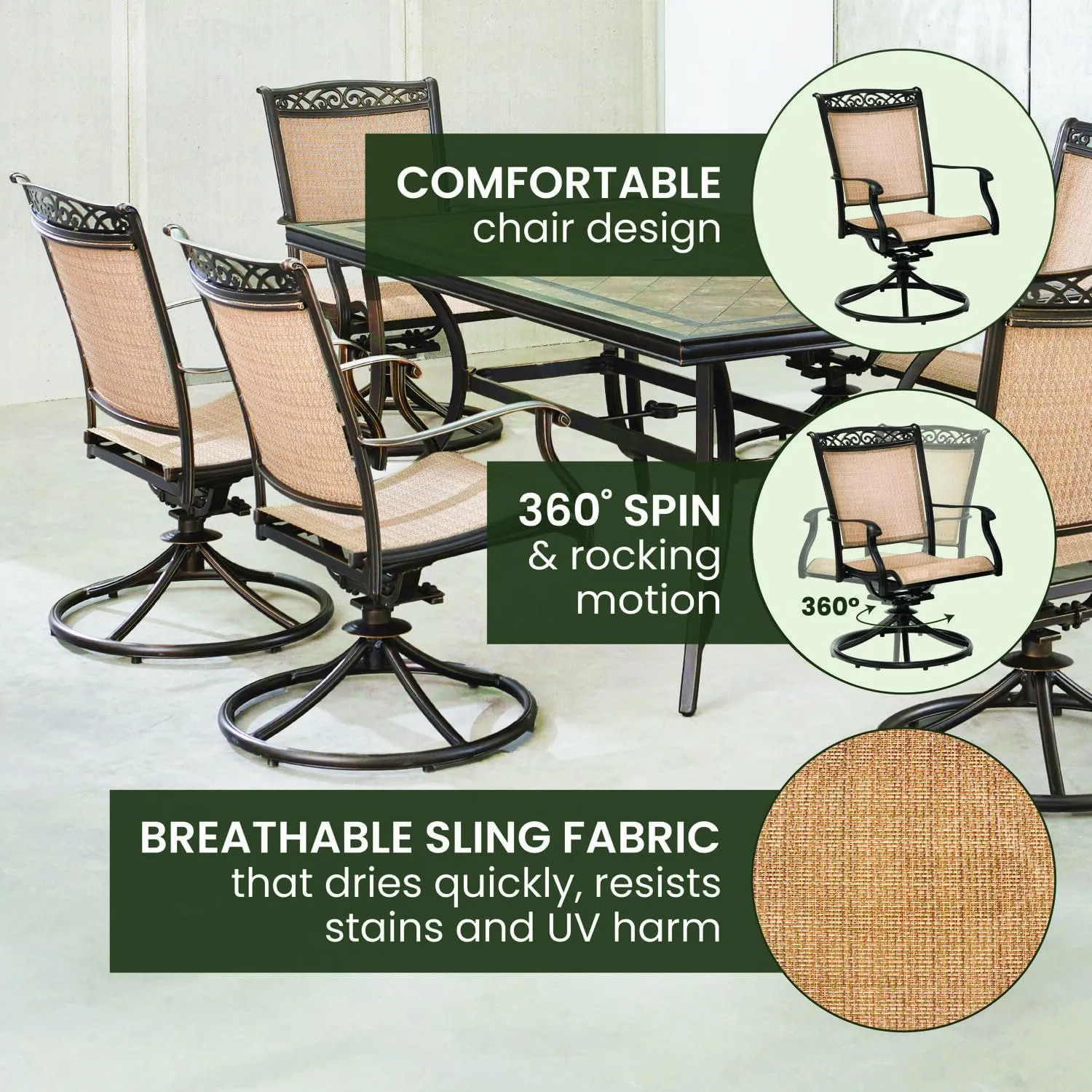 Hanover Fontana 7-Piece Patio Dining Set, Rust Resistant Aluminum Outdoor Dining Set with 6 Swivel Rockers and Porcelain Tile Rectangular Dining Table