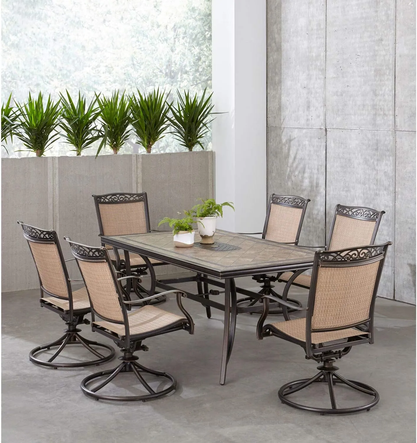 Hanover Fontana 7-Piece Patio Dining Set, Rust Resistant Aluminum Outdoor Dining Set with 6 Swivel Rockers and Porcelain Tile Rectangular Dining Table