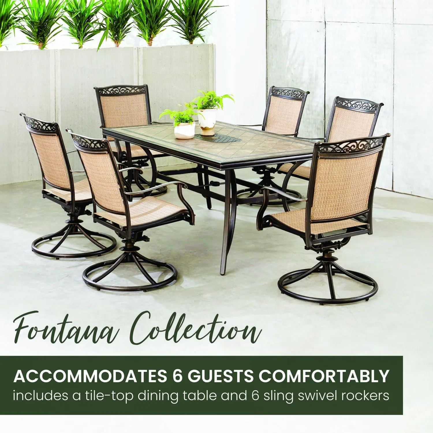 Hanover Fontana 7-Piece Patio Dining Set, Rust Resistant Aluminum Outdoor Dining Set with 6 Swivel Rockers and Porcelain Tile Rectangular Dining Table