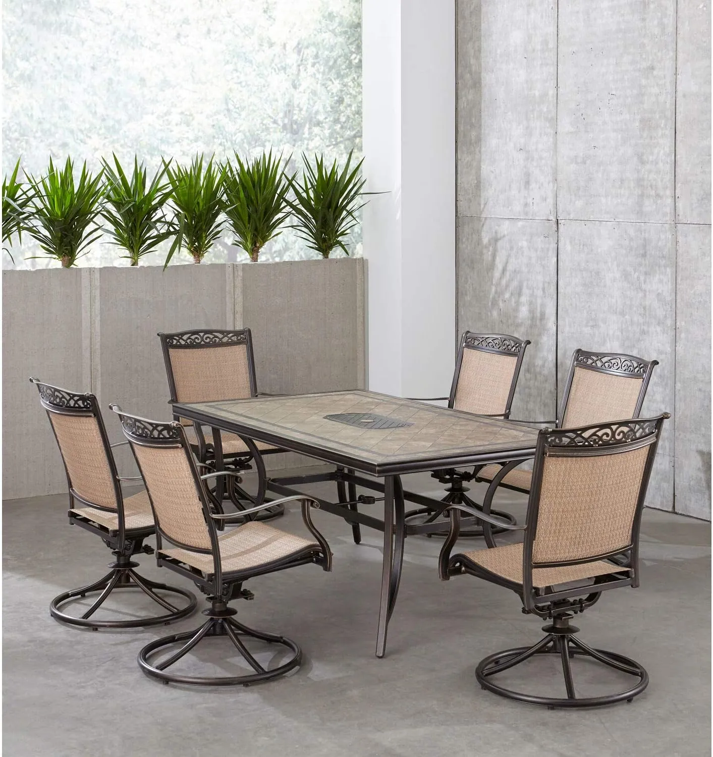 Hanover Fontana 7-Piece Patio Dining Set, Rust Resistant Aluminum Outdoor Dining Set with 6 Swivel Rockers and Porcelain Tile Rectangular Dining Table
