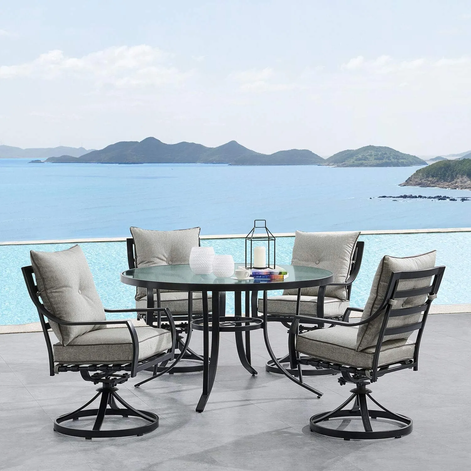 Hanover Lavallette 5-Piece Outdoor Dining Set for 4 with UV-Protected Cushioned Swivel Rocker Chairs and 52'' Round Glass-Top Table, Weather Resistant Modern Patio Dining Set