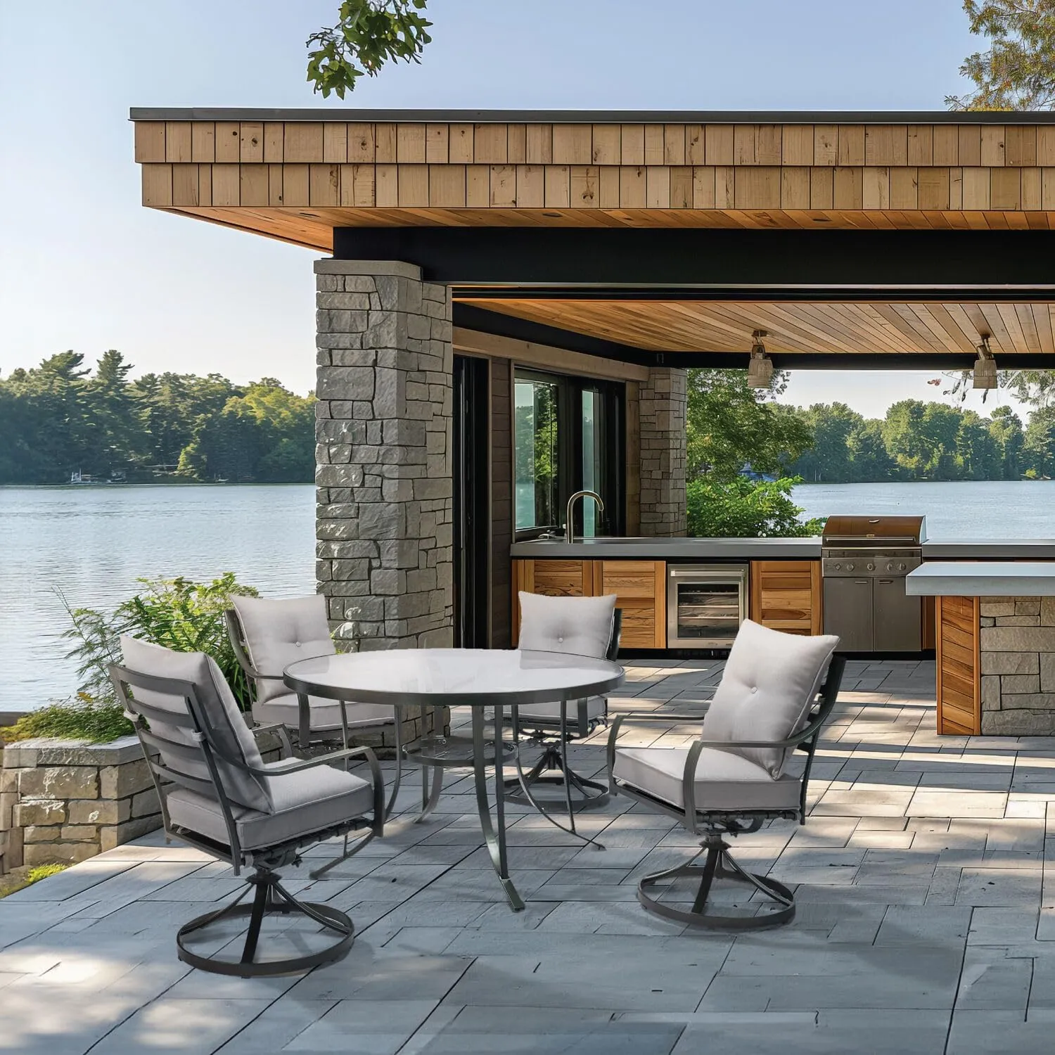 Hanover Lavallette 5-Piece Outdoor Dining Set for 4 with UV-Protected Cushioned Swivel Rocker Chairs and 52'' Round Glass-Top Table, Weather Resistant Modern Patio Dining Set