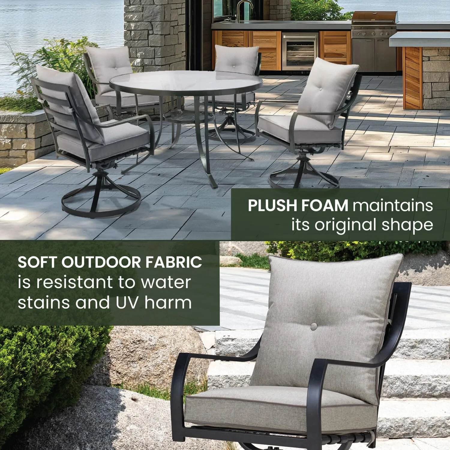 Hanover Lavallette 5-Piece Outdoor Dining Set for 4 with UV-Protected Cushioned Swivel Rocker Chairs and 52'' Round Glass-Top Table, Weather Resistant Modern Patio Dining Set