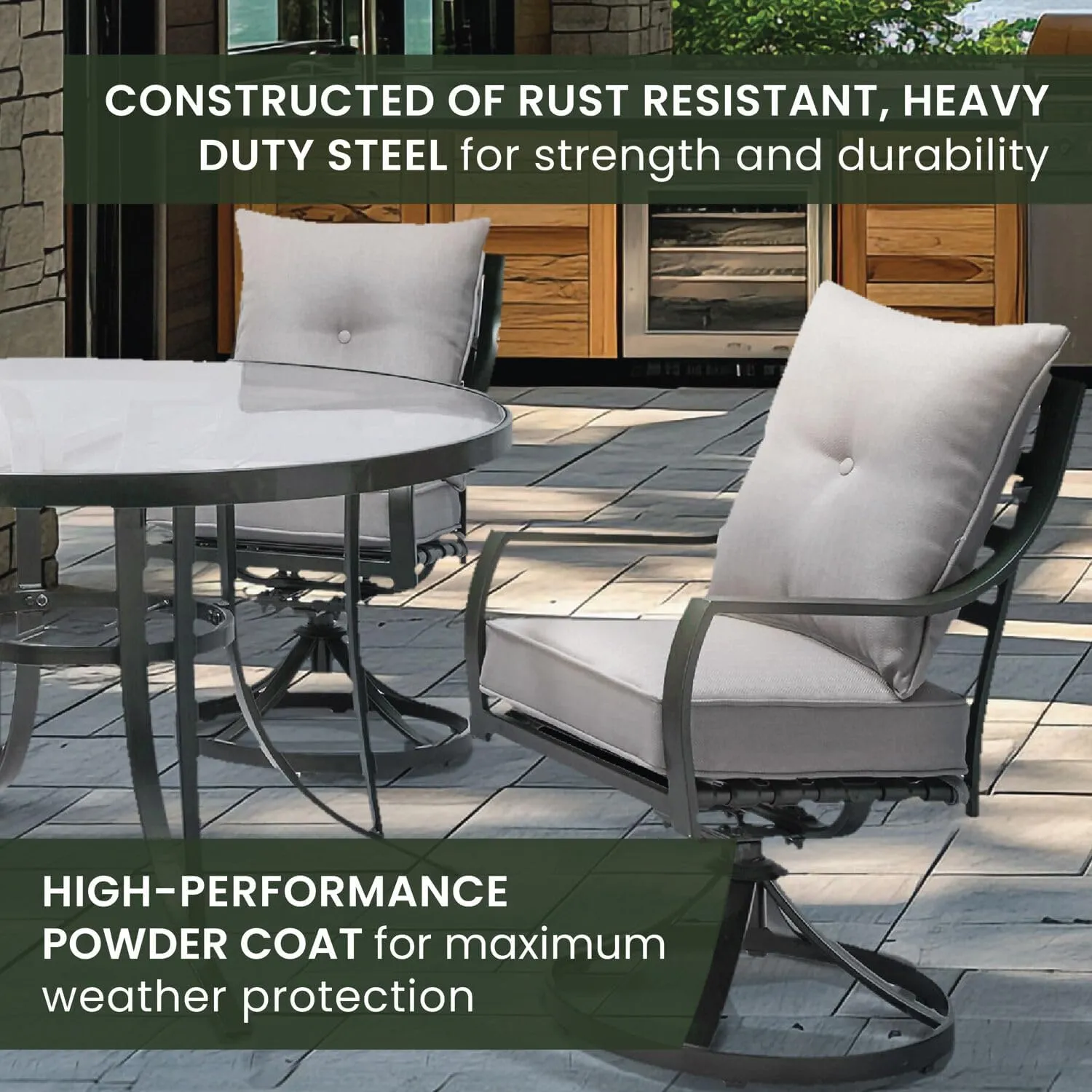 Hanover Lavallette 5-Piece Outdoor Dining Set for 4 with UV-Protected Cushioned Swivel Rocker Chairs and 52'' Round Glass-Top Table, Weather Resistant Modern Patio Dining Set