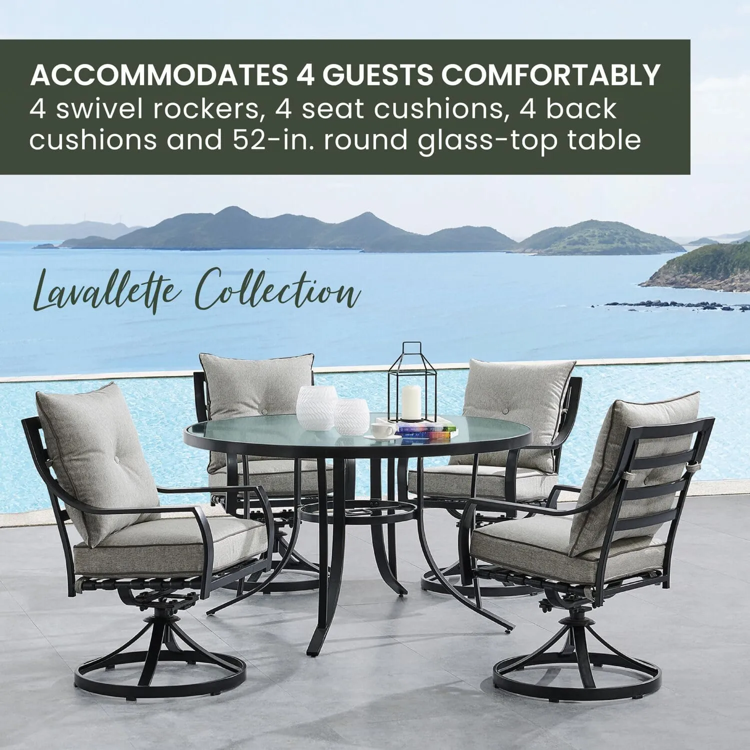 Hanover Lavallette 5-Piece Outdoor Dining Set for 4 with UV-Protected Cushioned Swivel Rocker Chairs and 52'' Round Glass-Top Table, Weather Resistant Modern Patio Dining Set