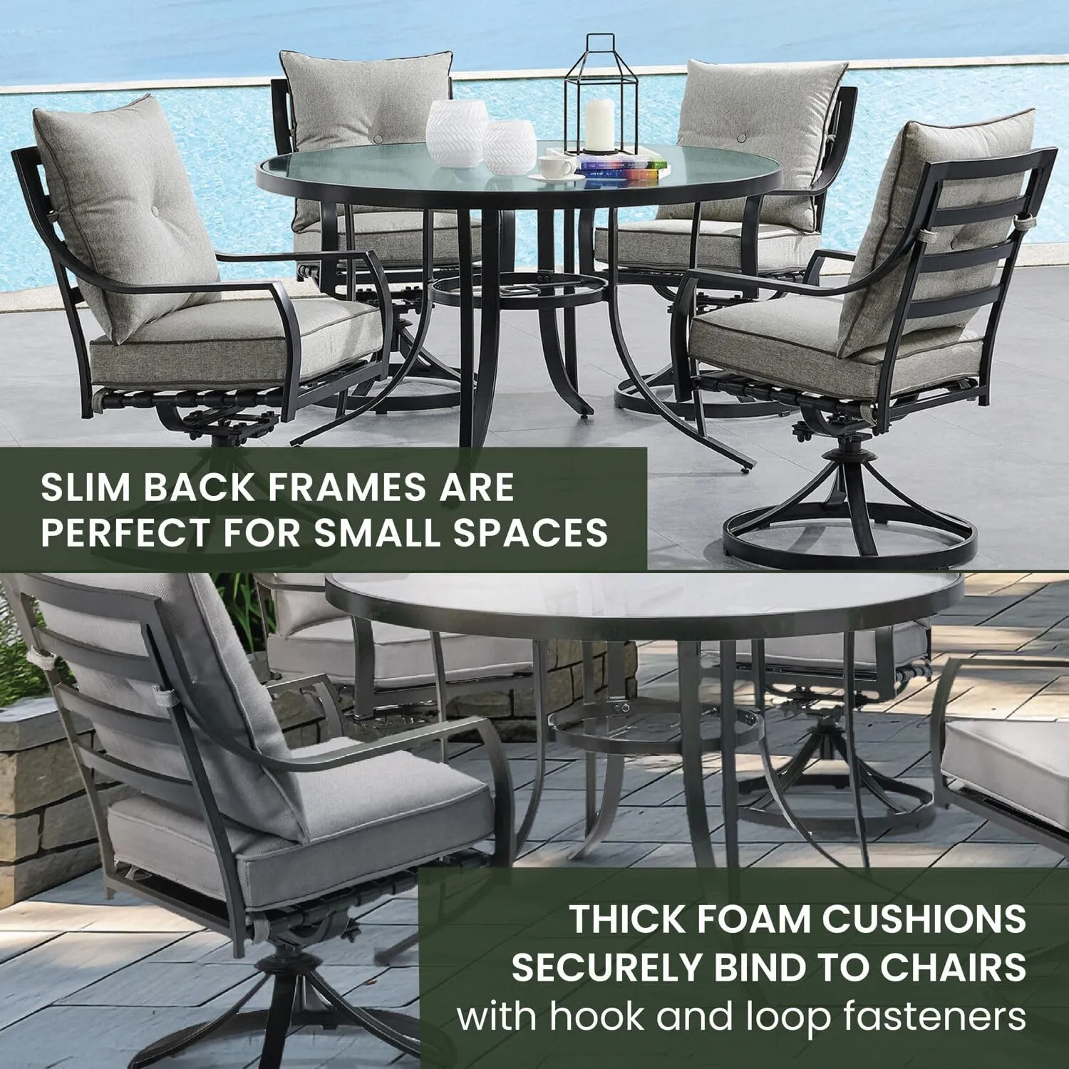 Hanover Lavallette 5-Piece Outdoor Dining Set for 4 with UV-Protected Cushioned Swivel Rocker Chairs and 52'' Round Glass-Top Table, Weather Resistant Modern Patio Dining Set