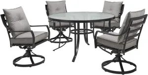 Hanover Lavallette 5-Piece Outdoor Dining Set for 4 with UV-Protected Cushioned Swivel Rocker Chairs and 52'' Round Glass-Top Table, Weather Resistant Modern Patio Dining Set