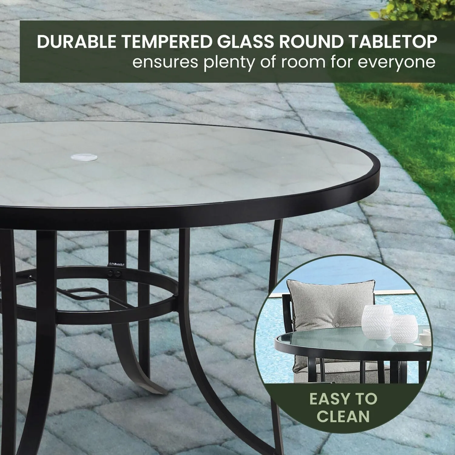 Hanover Lavallette 5-Piece Outdoor Dining Set for 4 with UV-Protected Cushioned Swivel Rocker Chairs and 52'' Round Glass-Top Table, Weather Resistant Modern Patio Dining Set