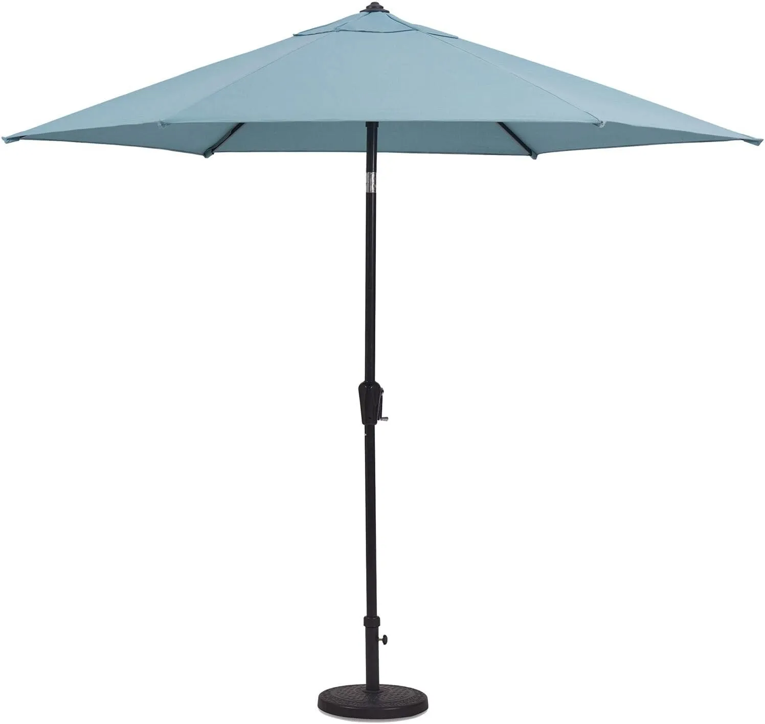 Hanover Lavallette 7-Piece Modern Outdoor Dining Set with Umbrella, 6 Cushioned Swivel Rocker Chairs, 66'' x 38'' Glass-Top Table, and Weather Resistant Frames, in Ocean Blue