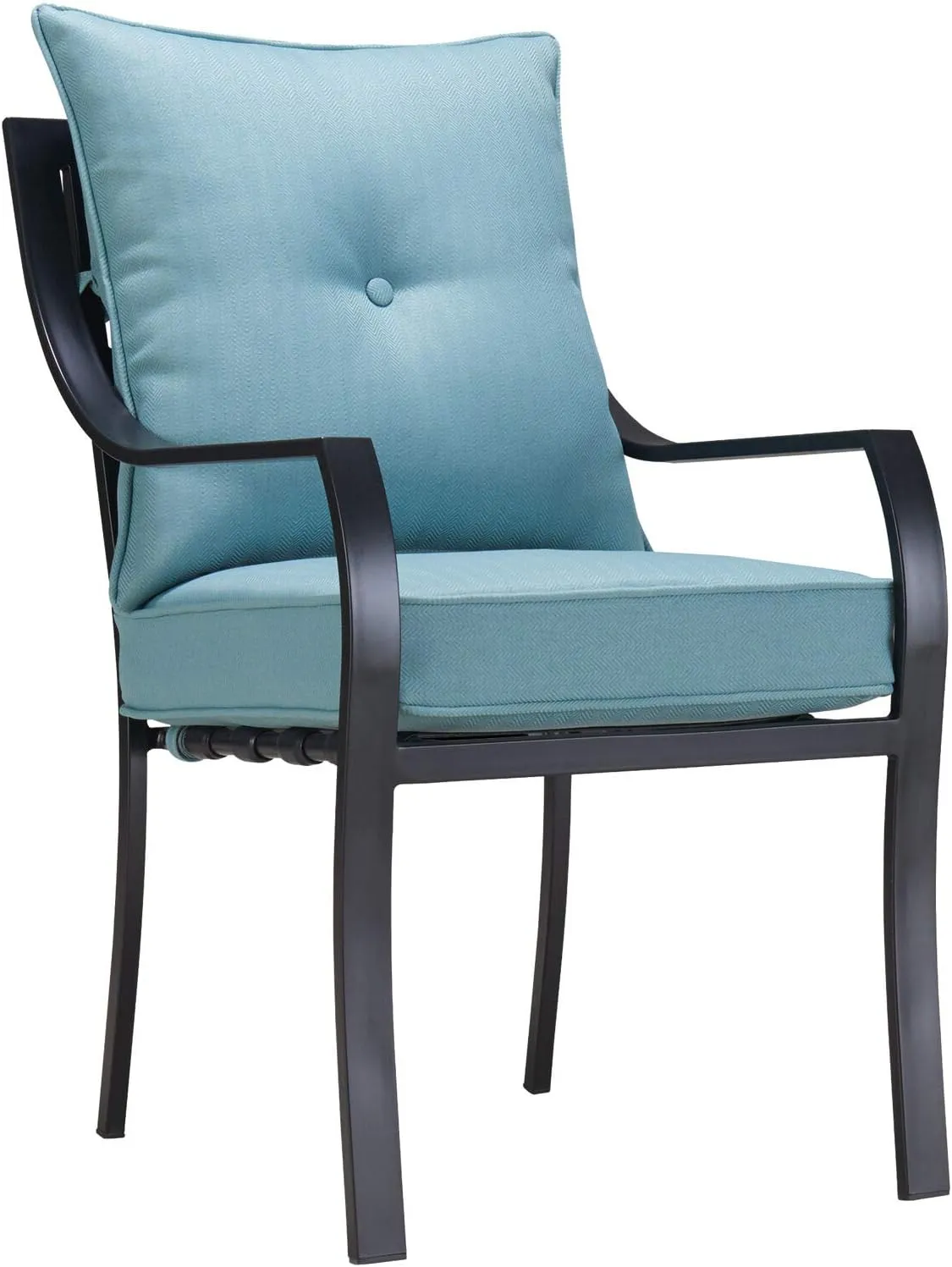 Hanover Lavallette 7-Piece Modern Outdoor Dining Set with Umbrella, 6 Cushioned Swivel Rocker Chairs, 66'' x 38'' Glass-Top Table, and Weather Resistant Frames, in Ocean Blue