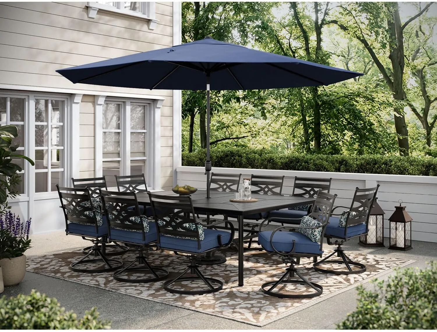 Hanover Montclair 11-Piece Outdoor Dining Set, All-Weather Outdoor Patio Dining Set, 10 Swivel Rocker Chairs with Seat and Lumbar Cushions, 84"x60" Stamped Rectangle Table, Umbrella, and Umbrella Base