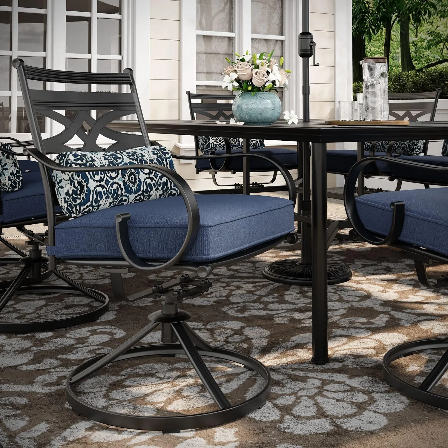 Hanover Montclair 11-Piece Outdoor Dining Set, All-Weather Outdoor Patio Dining Set, 10 Swivel Rocker Chairs with Seat and Lumbar Cushions, 84"x60" Stamped Rectangle Table, Umbrella, and Umbrella Base