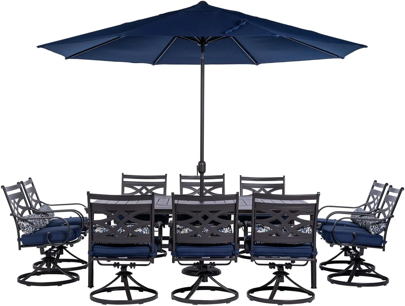 Hanover Montclair 11-Piece Outdoor Dining Set, All-Weather Outdoor Patio Dining Set, 10 Swivel Rocker Chairs with Seat and Lumbar Cushions, 84"x60" Stamped Rectangle Table, Umbrella, and Umbrella Base