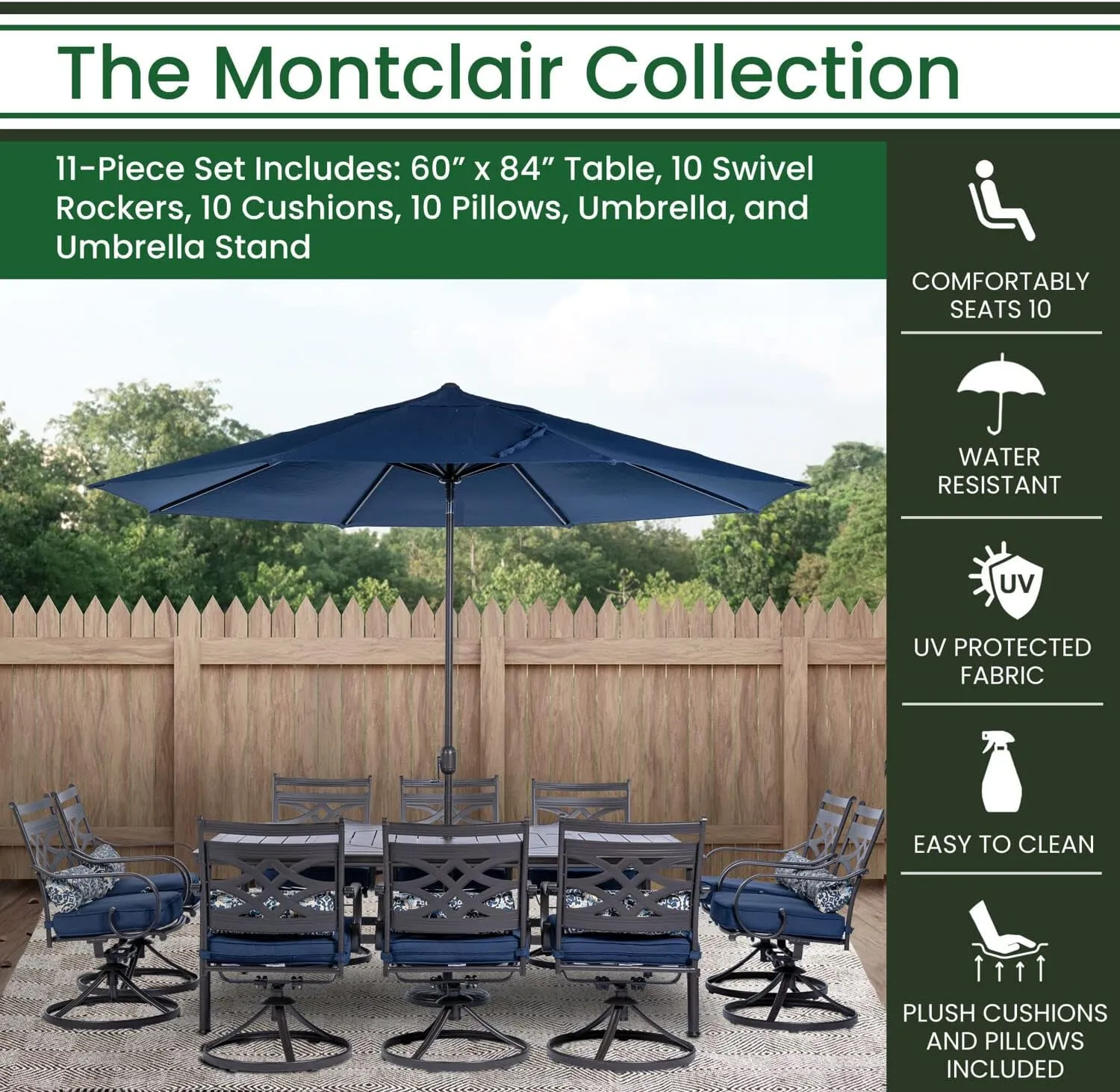 Hanover Montclair 11-Piece Outdoor Dining Set, All-Weather Outdoor Patio Dining Set, 10 Swivel Rocker Chairs with Seat and Lumbar Cushions, 84"x60" Stamped Rectangle Table, Umbrella, and Umbrella Base