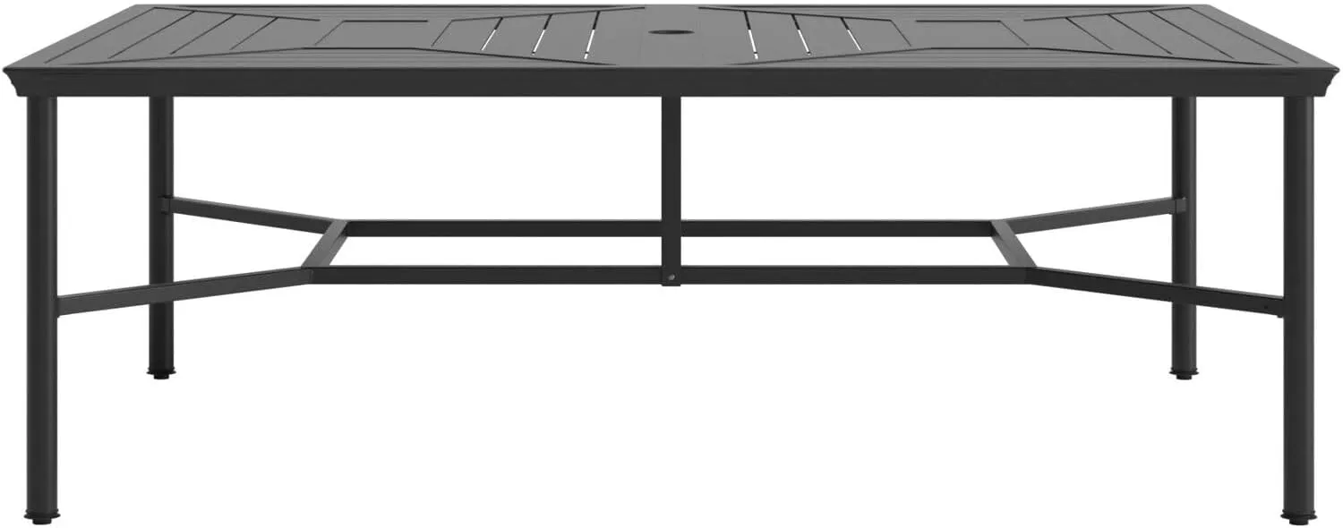 Hanover Montclair 11-Piece Outdoor Dining Set, All-Weather Outdoor Patio Dining Set, 10 Swivel Rocker Chairs with Seat and Lumbar Cushions, 84"x60" Stamped Rectangle Table, Umbrella, and Umbrella Base