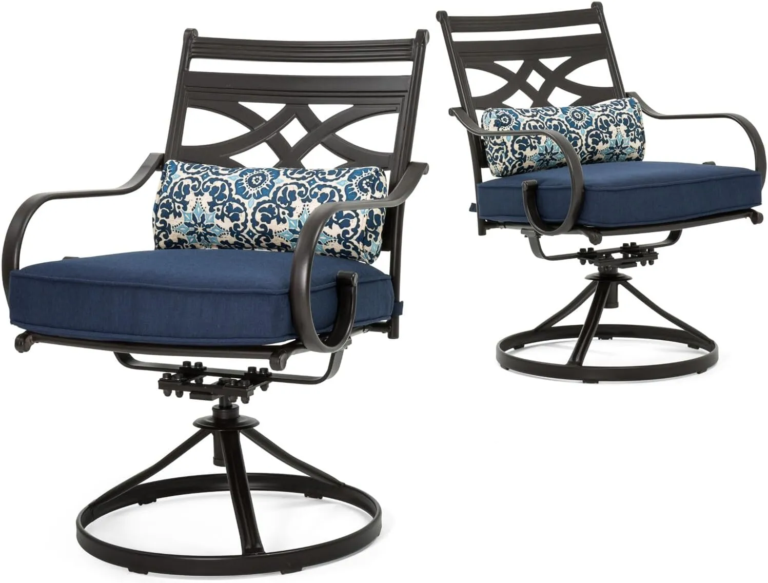 Hanover Montclair 11-Piece Outdoor Dining Set, All-Weather Outdoor Patio Dining Set, 10 Swivel Rocker Chairs with Seat and Lumbar Cushions, 84"x60" Stamped Rectangle Table, Umbrella, and Umbrella Base