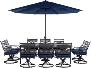 Hanover Montclair 11-Piece Outdoor Dining Set, All-Weather Outdoor Patio Dining Set, 10 Swivel Rocker Chairs with Seat and Lumbar Cushions, 84"x60" Stamped Rectangle Table, Umbrella, and Umbrella Base