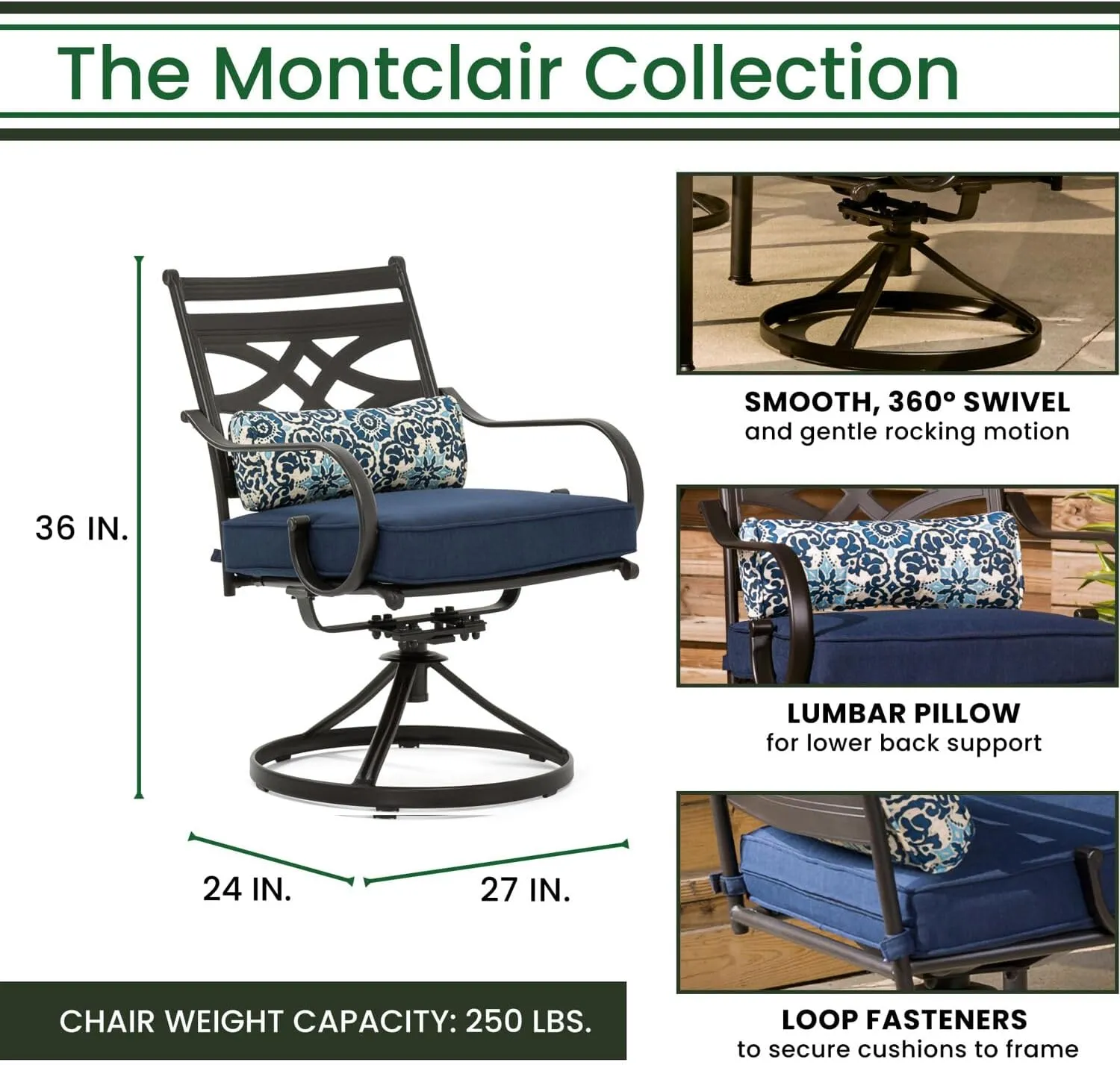 Hanover Montclair 11-Piece Outdoor Dining Set, All-Weather Outdoor Patio Dining Set, 10 Swivel Rocker Chairs with Seat and Lumbar Cushions, 84"x60" Stamped Rectangle Table, Umbrella, and Umbrella Base