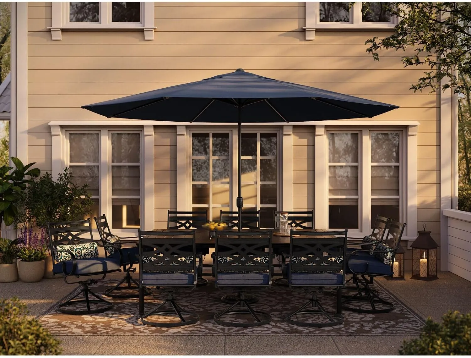 Hanover Montclair 11-Piece Outdoor Dining Set, All-Weather Outdoor Patio Dining Set, 10 Swivel Rocker Chairs with Seat and Lumbar Cushions, 84"x60" Stamped Rectangle Table, Umbrella, and Umbrella Base