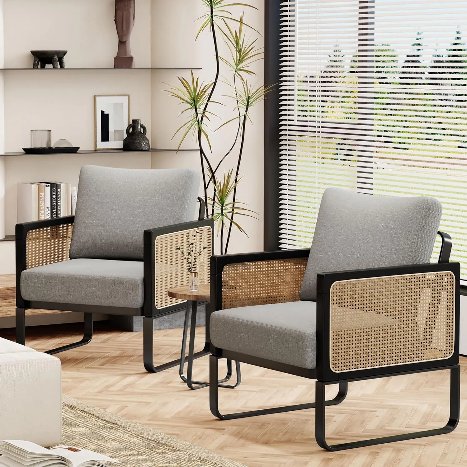 HAOBO Home Rattan Accent Chair Modern Living Room Chair Armchair with Metal Frame Comfy Reading Side Chairs for Home Bedroom Office