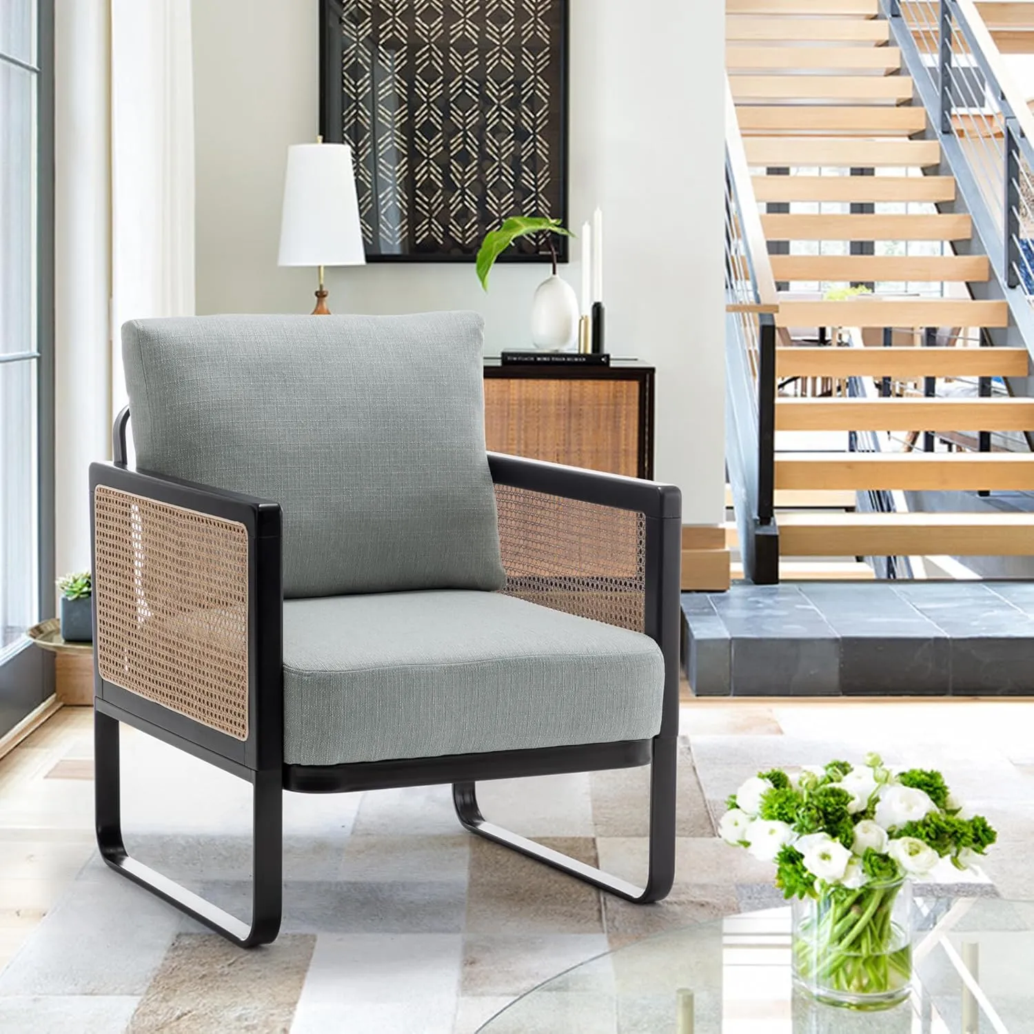 HAOBO Home Rattan Accent Chair Modern Living Room Chair Armchair with Metal Frame Comfy Reading Side Chairs for Home Bedroom Office