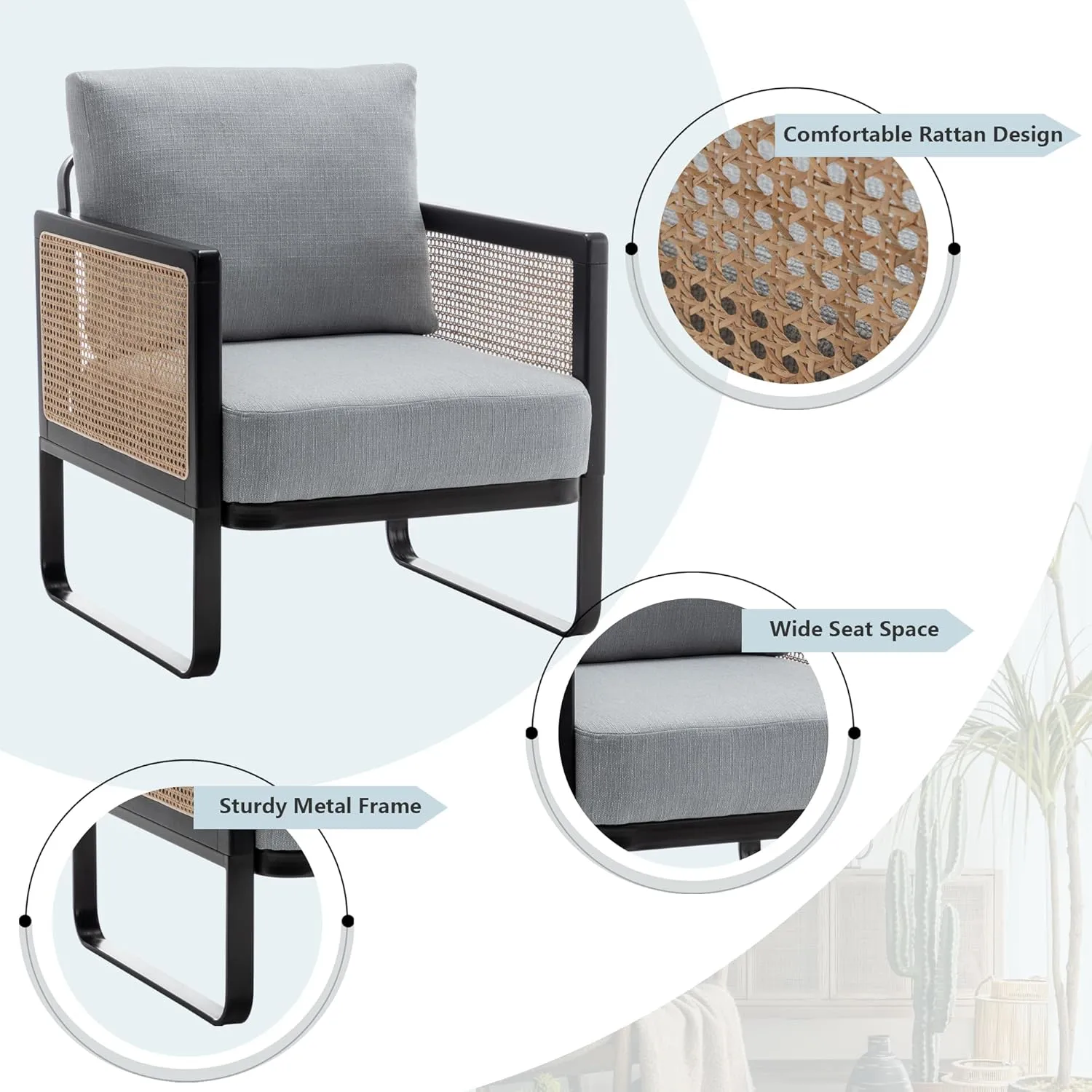 HAOBO Home Rattan Accent Chair Modern Living Room Chair Armchair with Metal Frame Comfy Reading Side Chairs for Home Bedroom Office