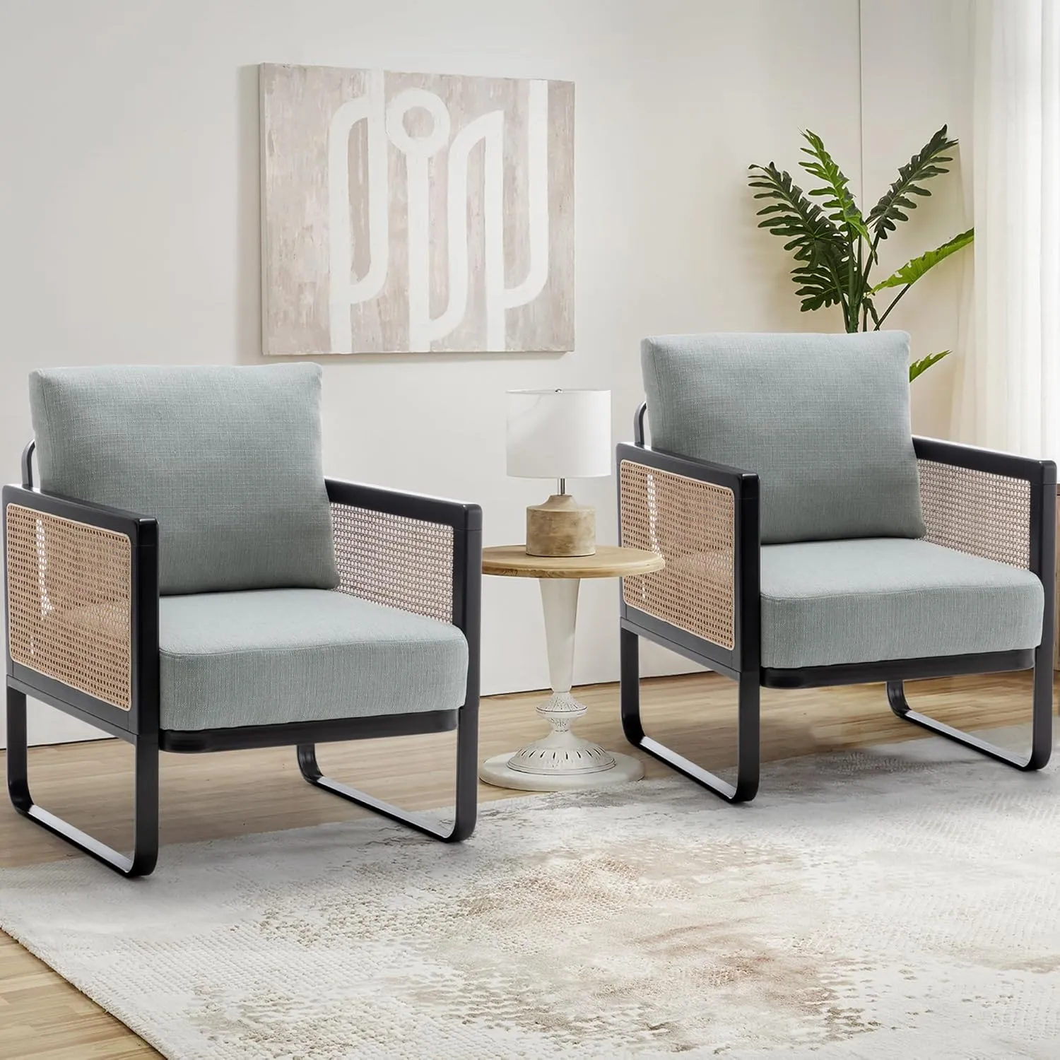 HAOBO Home Rattan Accent Chair Modern Living Room Chair Armchair with Metal Frame Comfy Reading Side Chairs for Home Bedroom Office