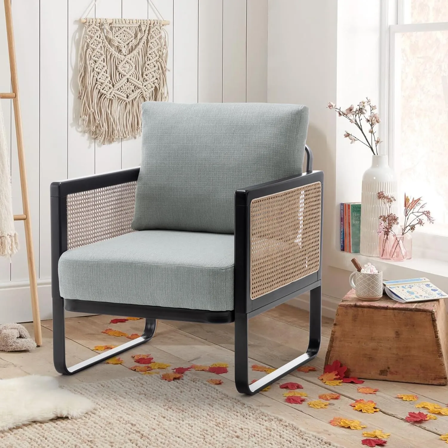 HAOBO Home Rattan Accent Chair Modern Living Room Chair Armchair with Metal Frame Comfy Reading Side Chairs for Home Bedroom Office