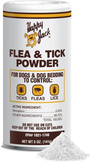 Happy Jack Flea and Tick Powder for Dogs & Puppies, Flea Powder for Carpets, Treatment & Control, Kills Pests, Ticks & Lice, Odorless & Non-Staining, Dust on Sleeping Quarters & Furniture (5 oz)